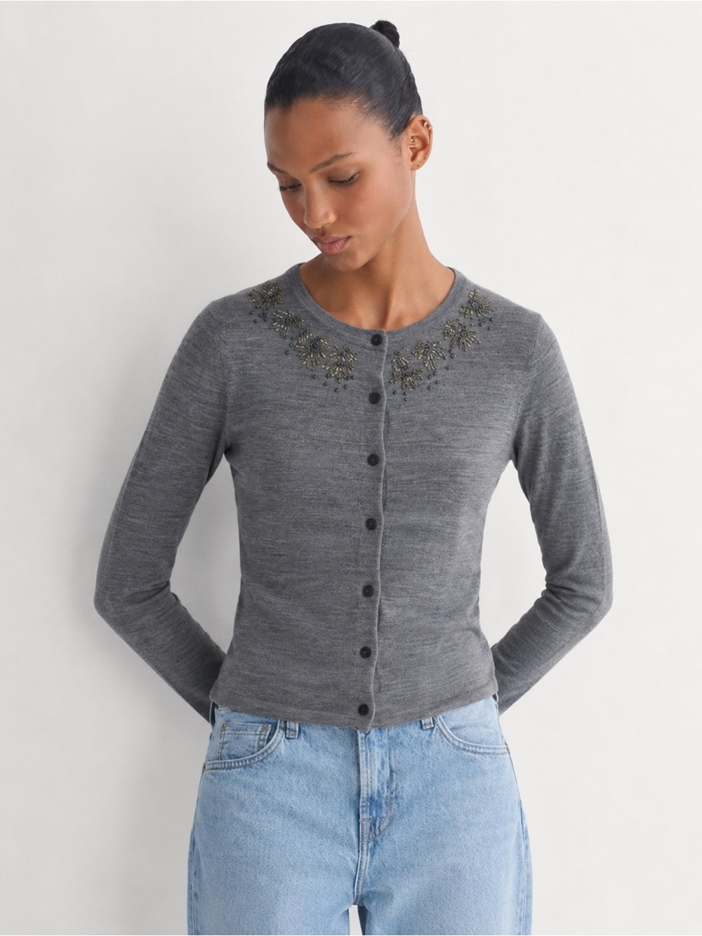 Garnet Hill 100% Merino Wool Gray Embellished Beaded Cardigan Sweater XS 578